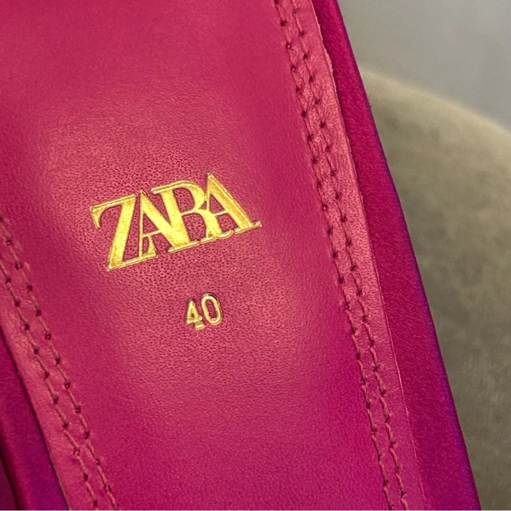 Zara fuchsia hot pink satin ankle-tie heeled sandals square toe Sz 40 open toe - Picture 6 of 9